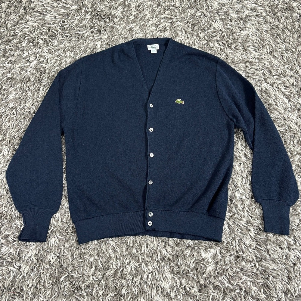 Vintage Izod Lacoste Navy Blue Cardigan Sweater XL Orlon Acrylic Made in USA